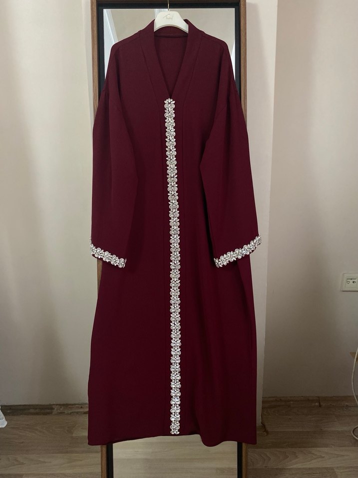 Bordo İşlemeli Uzun Kollu Kadın Elbise - Görsel 4