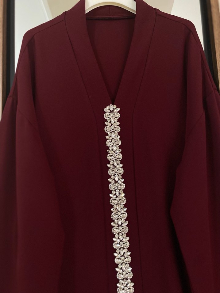 Bordo İşlemeli Uzun Kollu Kadın Elbise - Görsel 3