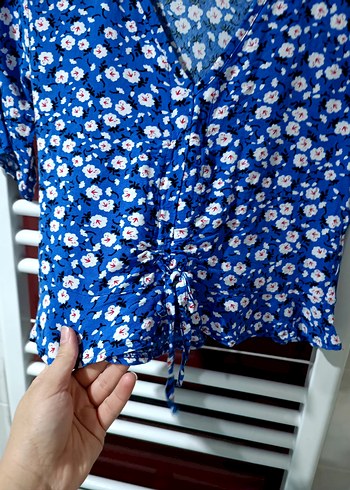 s Beden mavi Renk Mavi Çiçekli Kısa Kollu Mini Bluz