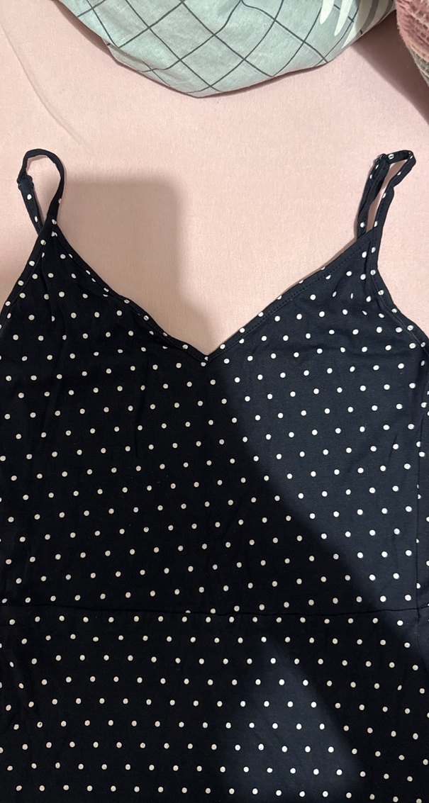 Siyah Puantiyeli V Yaka Midi Elbise - Görsel 3