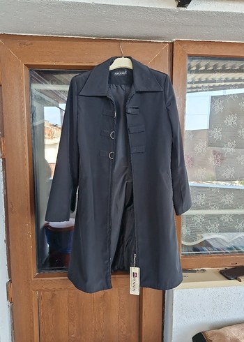38 Beden siyah Midi Kadın Ceket, Fermuarlı, trençkot