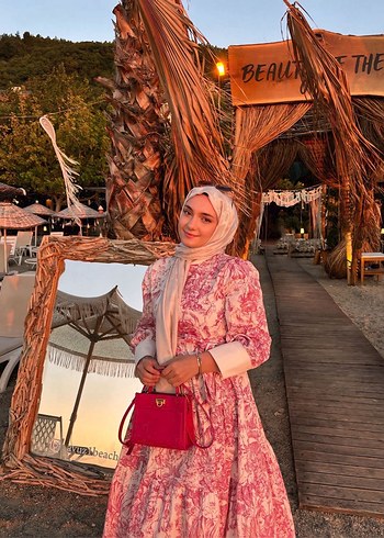 Diğer Pembe Bağlama Desenli Uzun Bohem Elbise FAHHAR