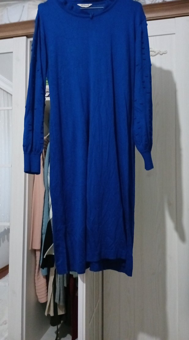 Uzun Kollu Mavi Salaş Kadın triko tunik - Görsel 4