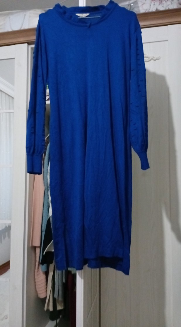 Uzun Kollu Mavi Salaş Kadın triko tunik - Görsel 2