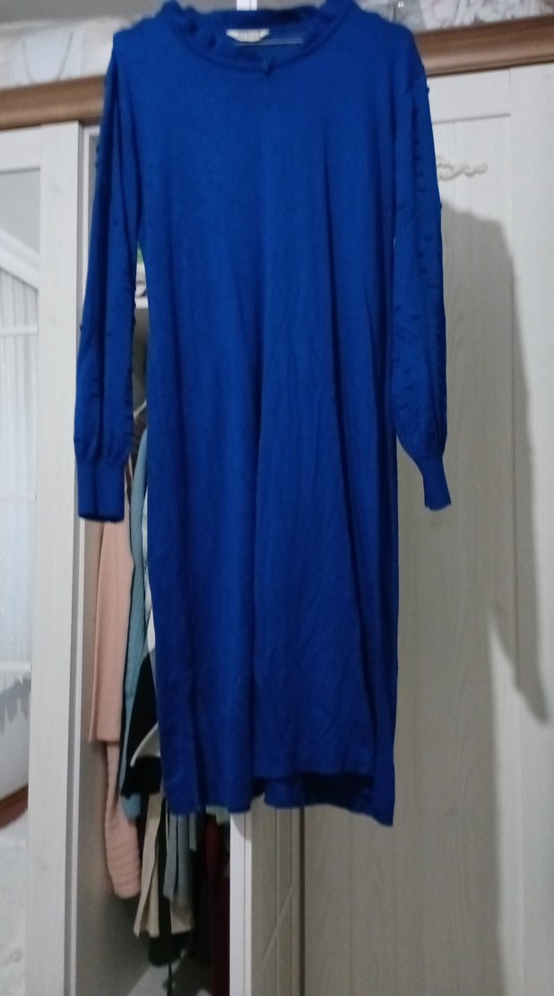 Uzun Kollu Mavi Salaş Kadın triko tunik - Görsel 3