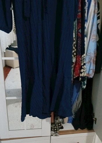 Uzun Kollu Lacivert Keten Salaş Elbise - Görsel 4