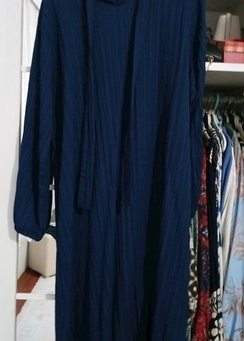 Uzun Kollu Lacivert Keten Salaş Elbise - Görsel 3
