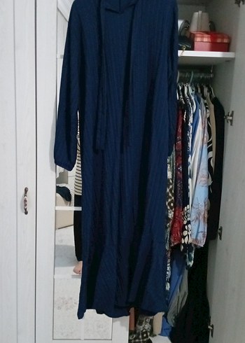 Uzun Kollu Lacivert Keten Salaş Elbise - Görsel 2