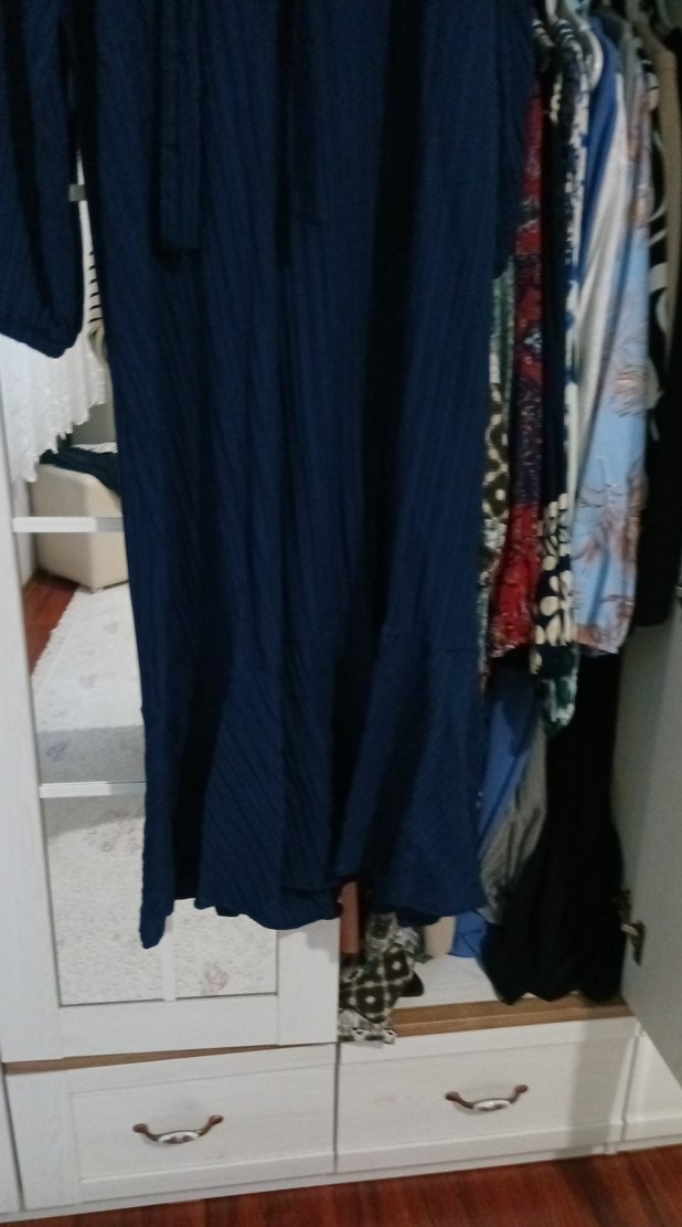 Uzun Kollu Lacivert Keten Salaş Elbise - Görsel 4