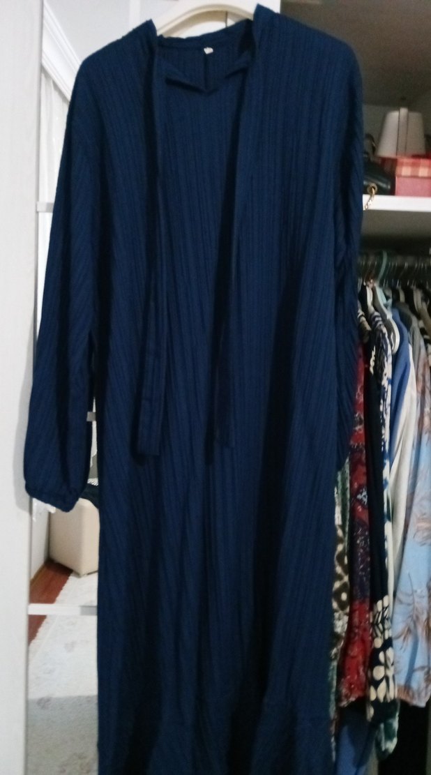 Uzun Kollu Lacivert Keten Salaş Elbise - Görsel 3