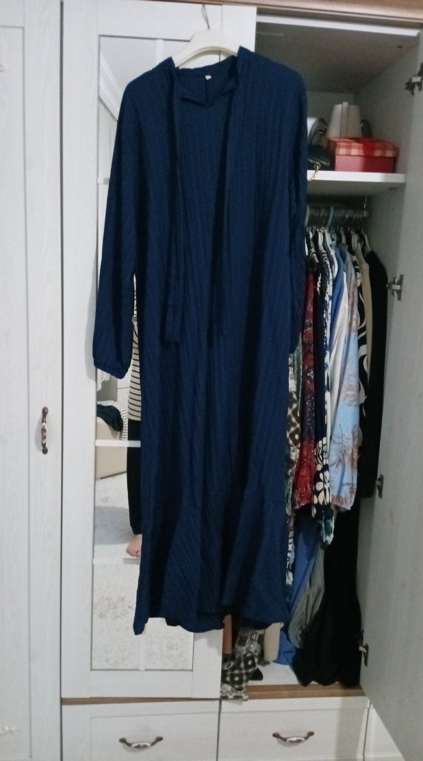 Uzun Kollu Lacivert Keten Salaş Elbise - Görsel 2