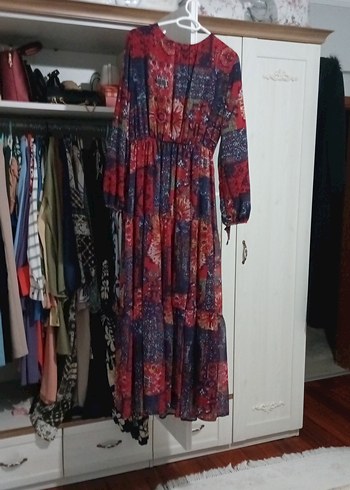 Uzun Kollu Çok Renkli Bohem Uzun Elbise - Görsel 5