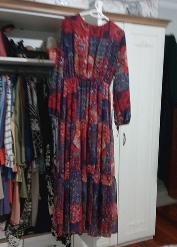 Uzun Kollu Çok Renkli Bohem Uzun Elbise - Görsel 3