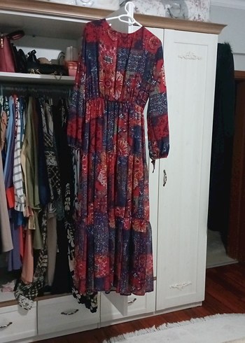 Uzun Kollu Çok Renkli Bohem Uzun Elbise - Görsel 4