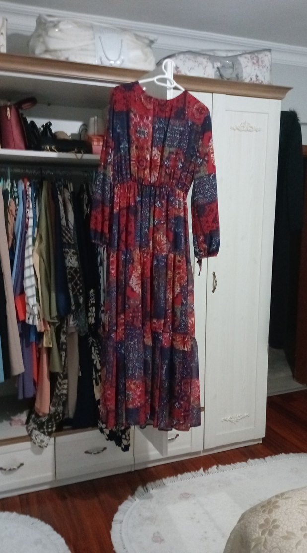 Uzun Kollu Çok Renkli Bohem Uzun Elbise - Görsel 5