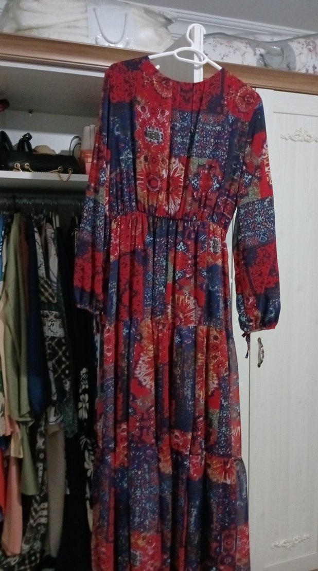 Uzun Kollu Çok Renkli Bohem Uzun Elbise - Görsel 2