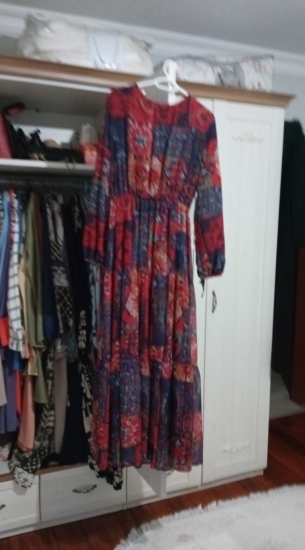 Uzun Kollu Çok Renkli Bohem Uzun Elbise - Görsel 3