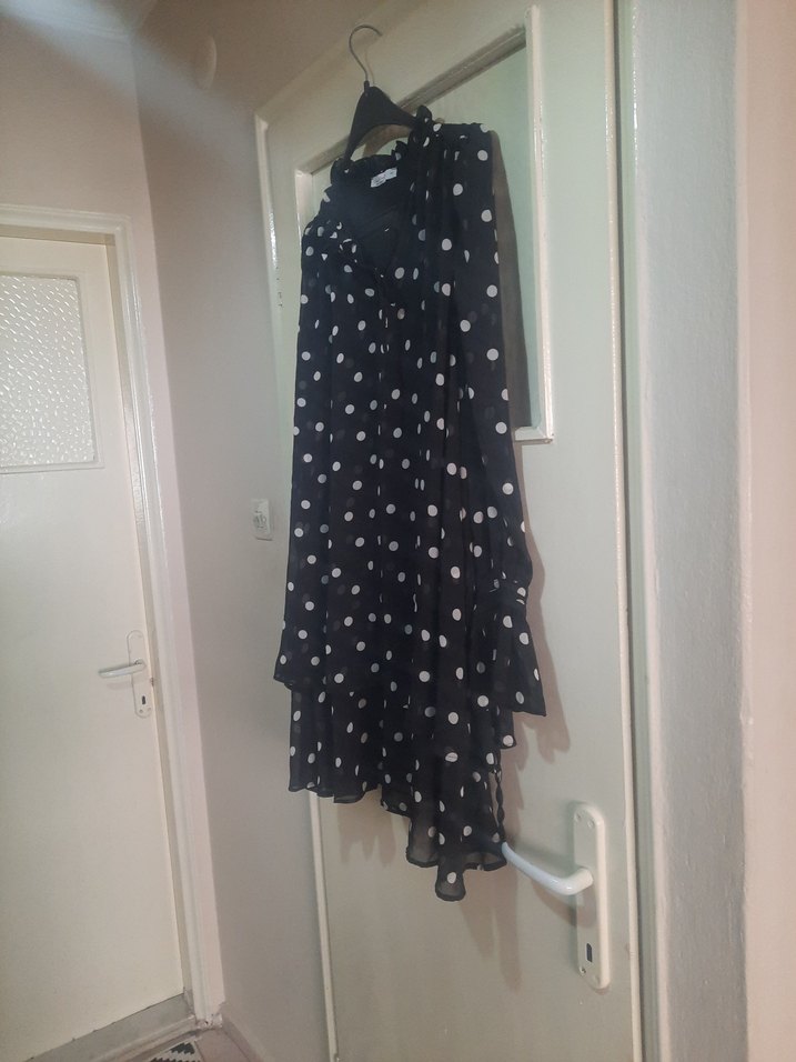 Uzun Kollu Siyah Puantiyeli Mini Elbise - Görsel 5