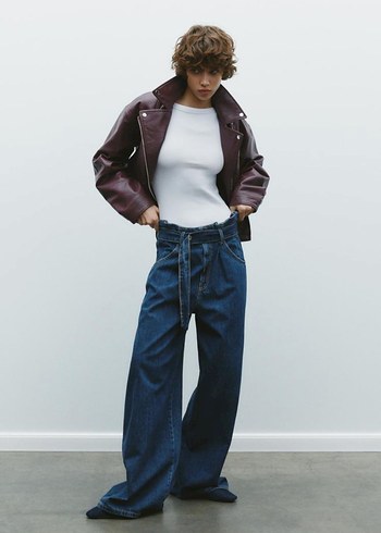 Bordo Deri Kadın Oversize Biker Ceket - Görsel 2