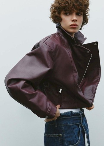 Bordo Deri Kadın Oversize Biker Ceket - Görsel 3