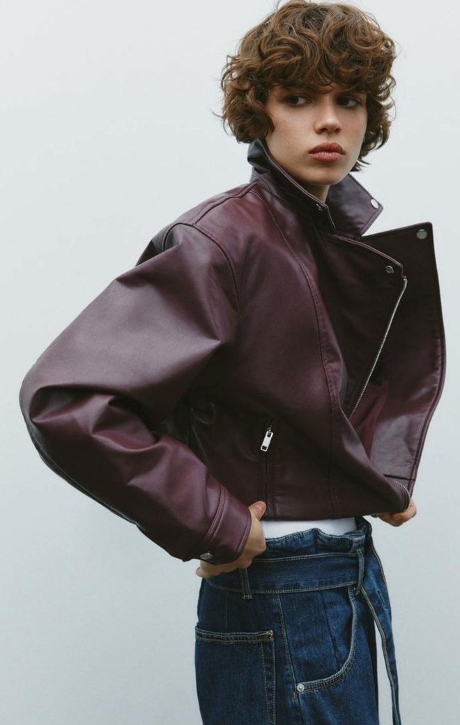 Bordo Deri Kadın Oversize Biker Ceket - Görsel 3