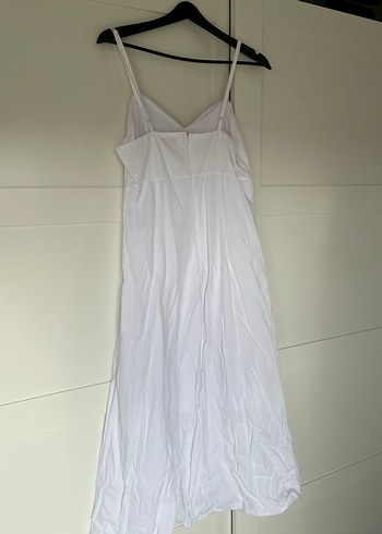 Beyaz V Yaka Keten Uzun Elbise - Görsel 2