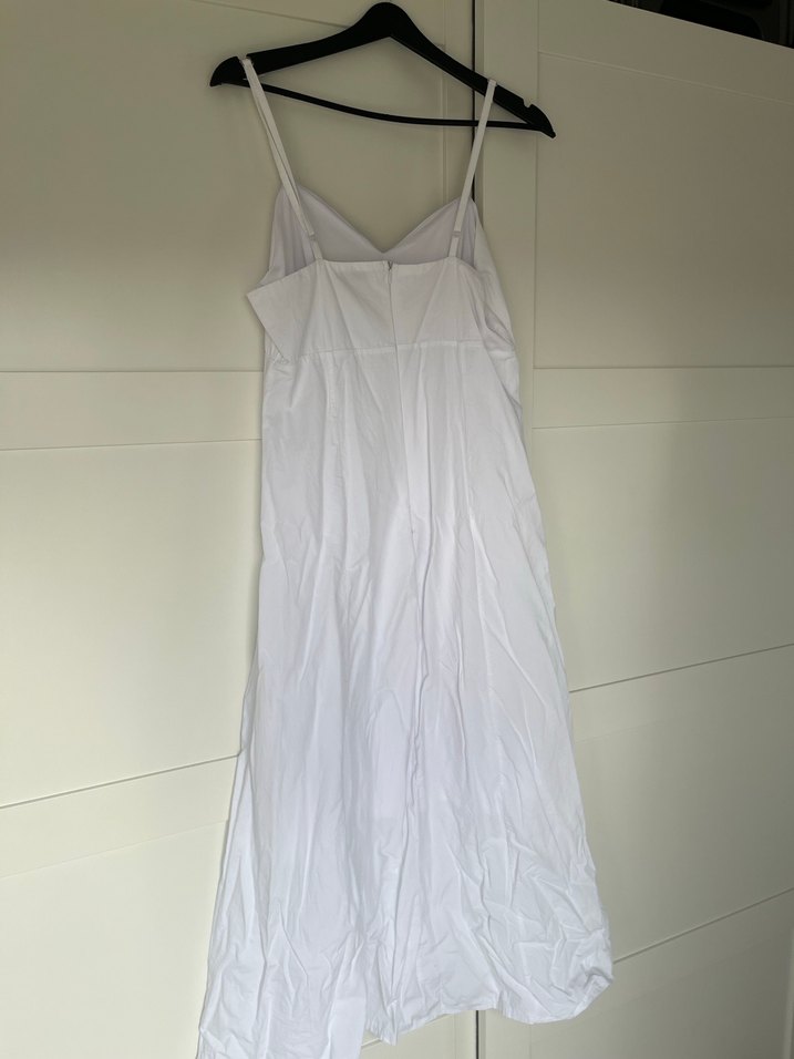 Beyaz V Yaka Keten Uzun Elbise - Görsel 2