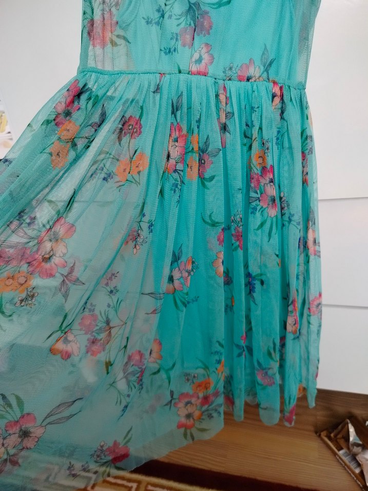 Turkuaz Transparan Bohem Uzun Elbise - Görsel 3