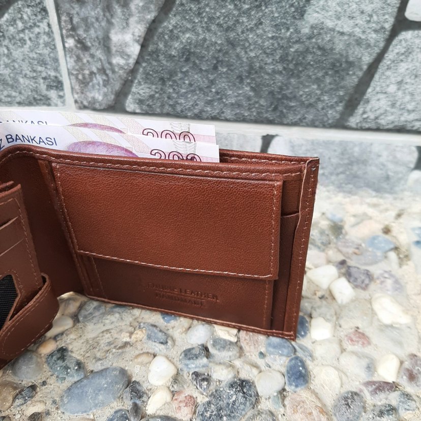 0132 Hakiki Deri Erkek Bozuk Para Gözlü Taba Cüzdan - Görsel 3