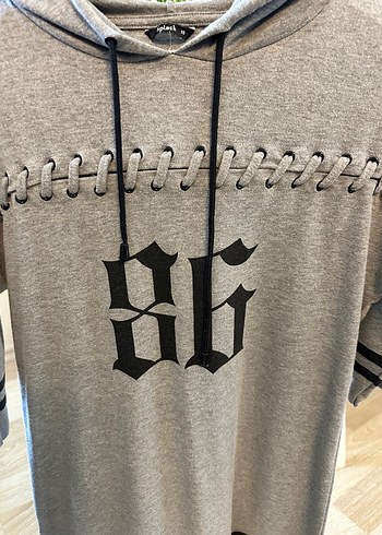 Gri Örme Kapüşonlu Midi Tunik - Görsel 3