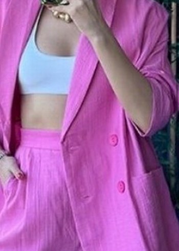 Düğmeli Pembe Kadın Keten Blazer Ceket - Görsel 2