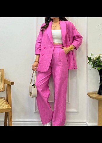 Düğmeli Pembe Kadın Keten Blazer Ceket - Görsel 3
