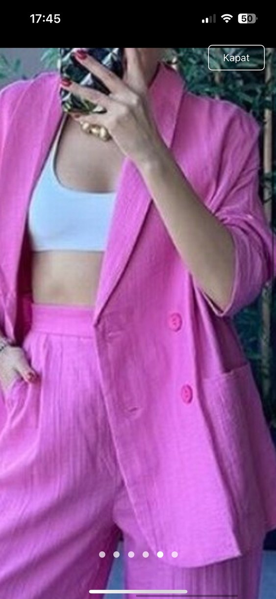 Düğmeli Pembe Kadın Keten Blazer Ceket - Görsel 2