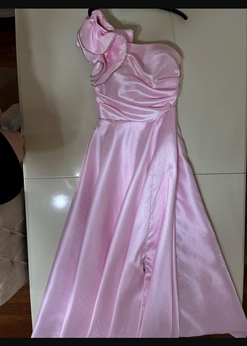 Pudra Pembe Drapeli Uzun Abiye Elbise