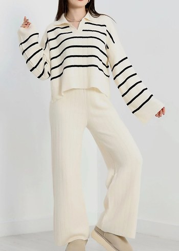 Çizgili Triko Takım Bej - Görsel 2