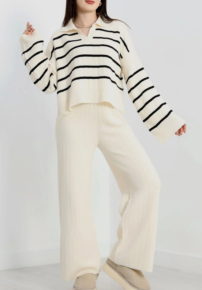 Çizgili Triko Takım Bej - Görsel 2