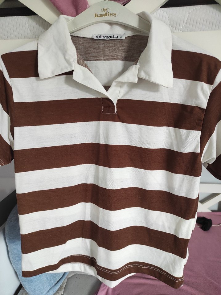 Düğmeli Kahverengi Çizgili Hamile Gömleği - Görsel 3