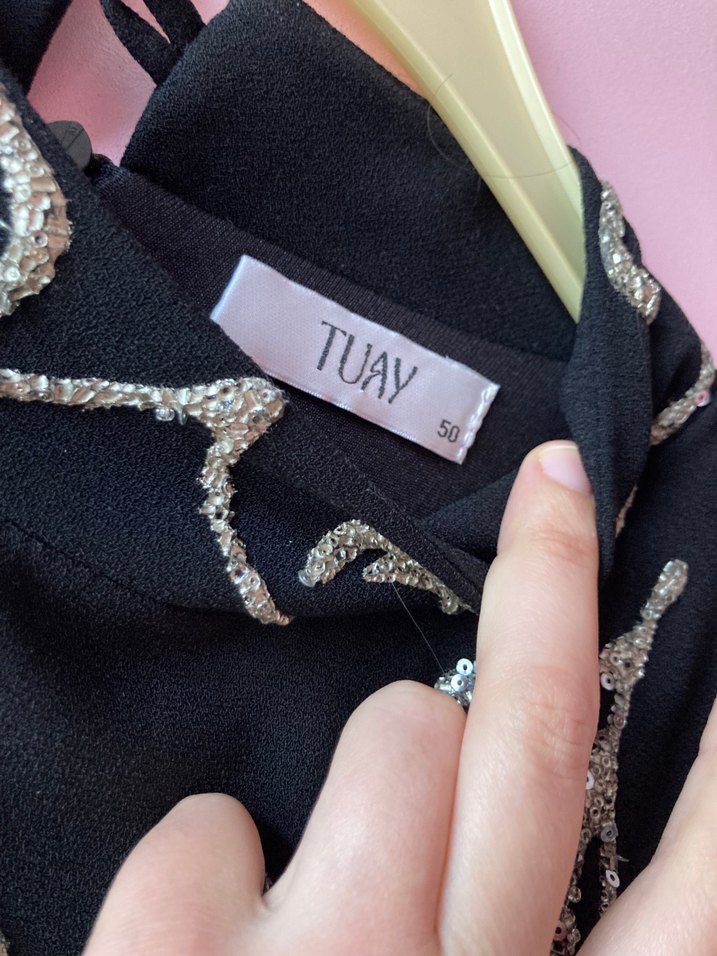 Siyah Uzun Kollu Payetli Nakışlı Abiye Elbise - Görsel 3