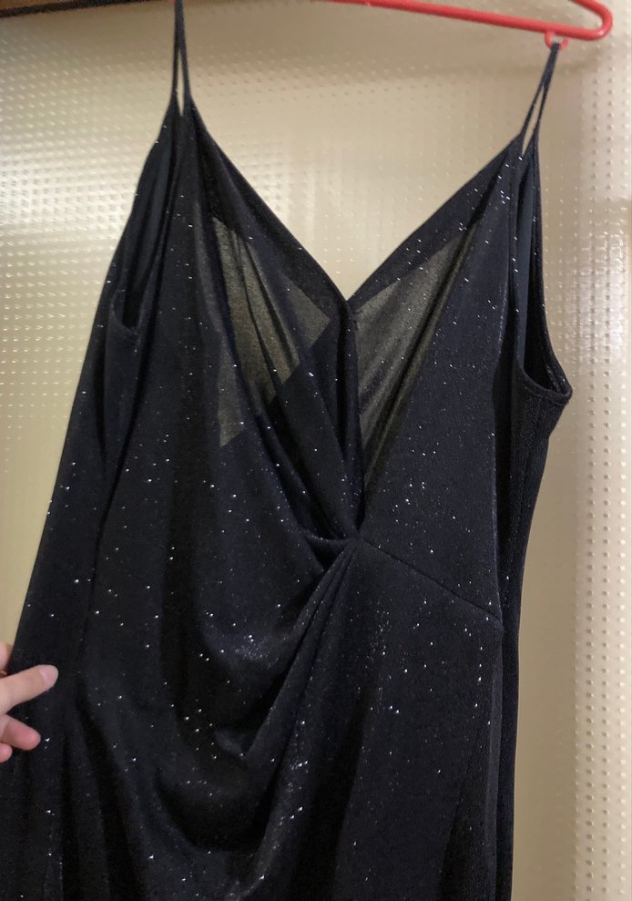 Lacivert Drapeli Uzun V Yaka Abiye Elbise - Görsel 2