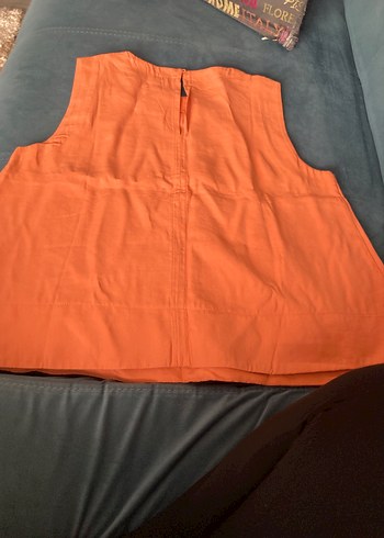 Turuncu Kolsuz Midi Keten Kadın bluz - Görsel 3