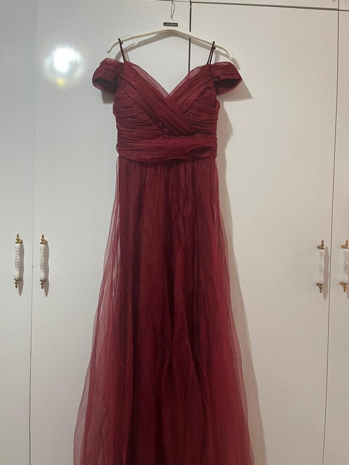 Diger Bordo Drapeli Uzun Abiye Elbise - Görsel 4