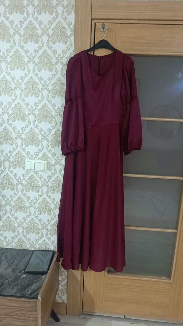 Bordo Uzun Kollu Drapeli Kadın Elbise - Görsel 2