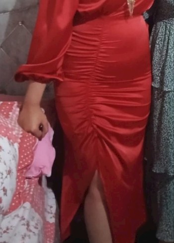 Drapeli Kırmızı Uzun Kadın Elbise - Görsel 2