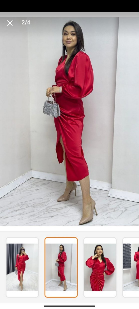 Drapeli Kırmızı Uzun Kadın Elbise - Görsel 3