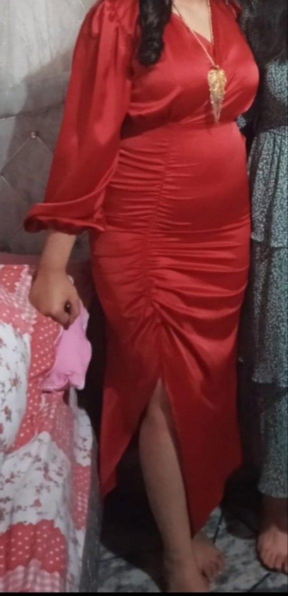 Drapeli Kırmızı Uzun Kadın Elbise - Görsel 2