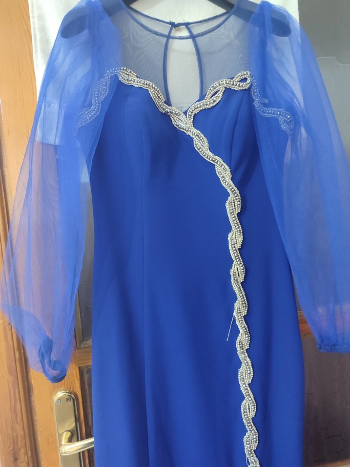 Uzun Kollu Mavi İşlemeli Abiye Elbise - Görsel 2