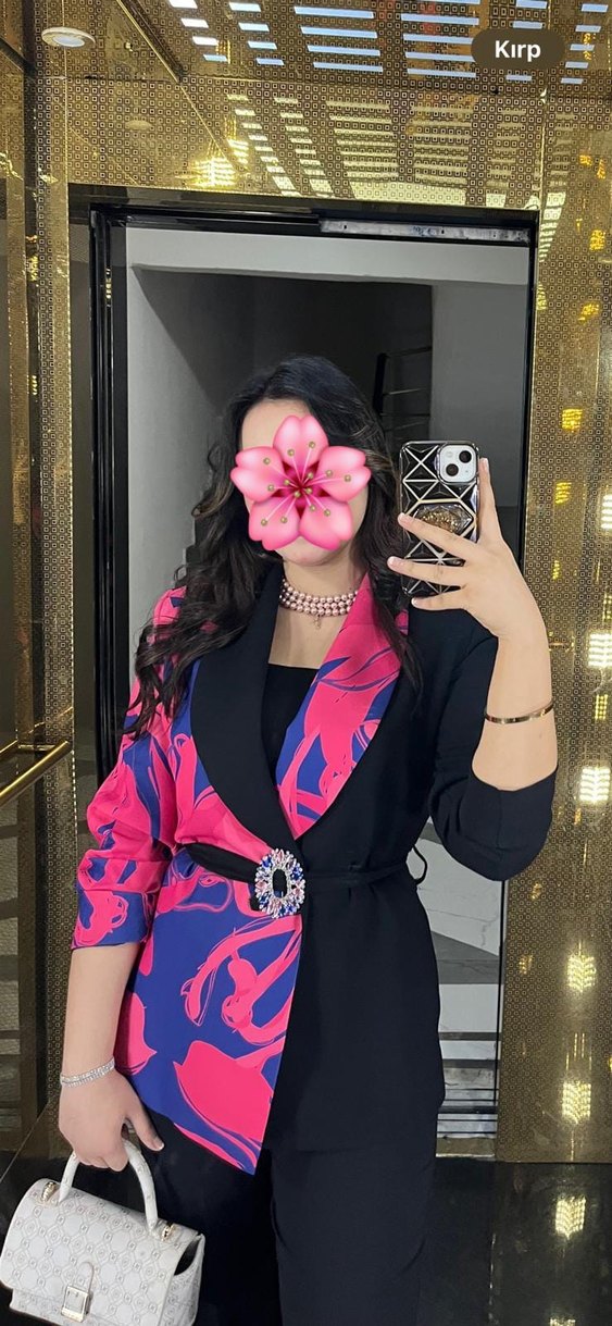 Kadın Siyah Desenli Kemerli Mini Takım - Görsel 2