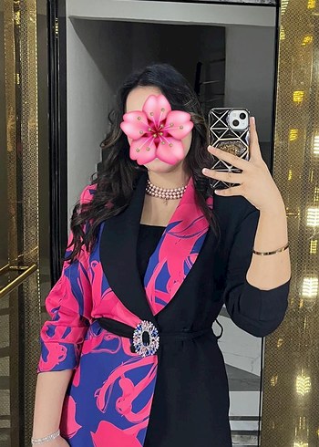 40 Beden Pullu Bağlamalı Pembe Siyah Kadın Blazer