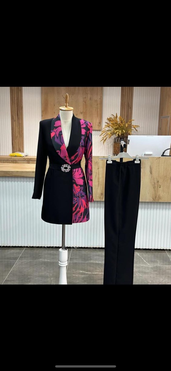 Pullu Bağlamalı Pembe Siyah Kadın Blazer - Görsel 2