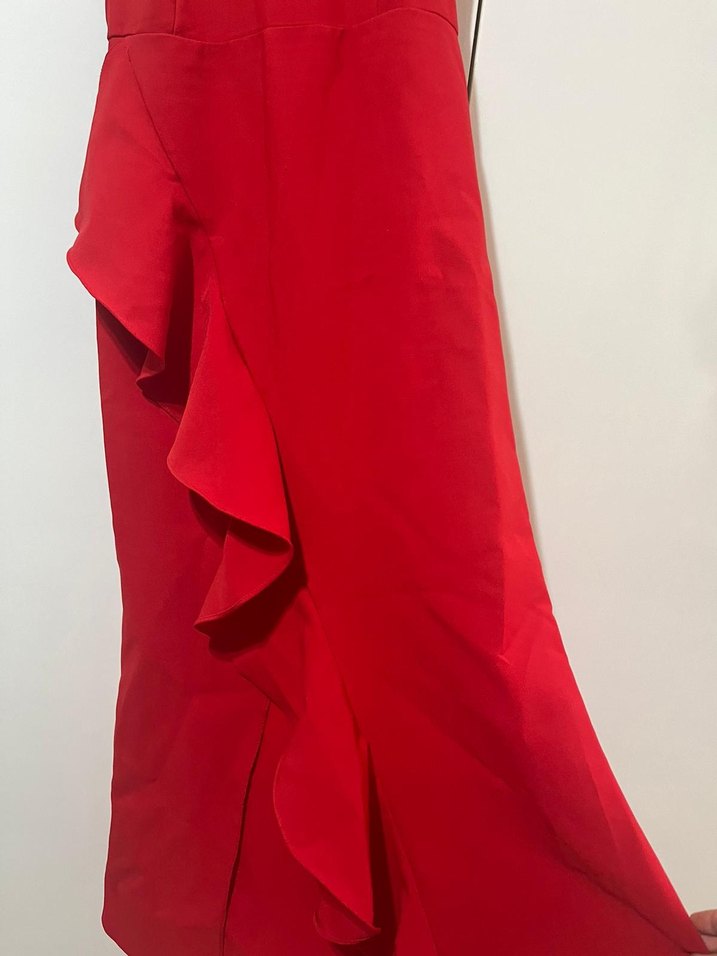 Kırmızı Drapeli Uzun Abiye Elbise - Görsel 2